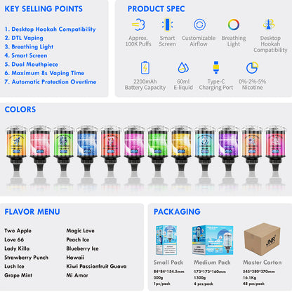 JNR Mega Shisha Hookah 100000 100K Puffs Large Capacity LED Display Disposable Vape