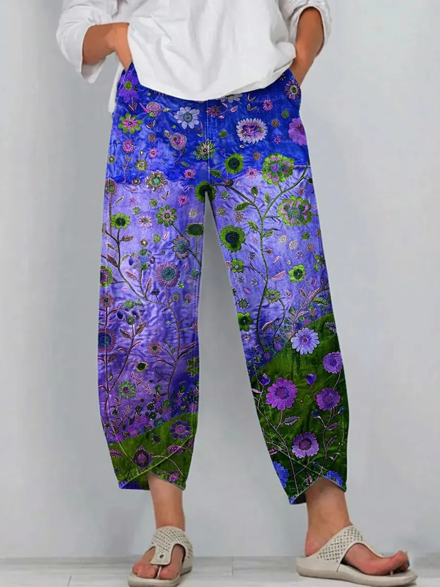Women's Vintage Floral Art Print Jeans-1