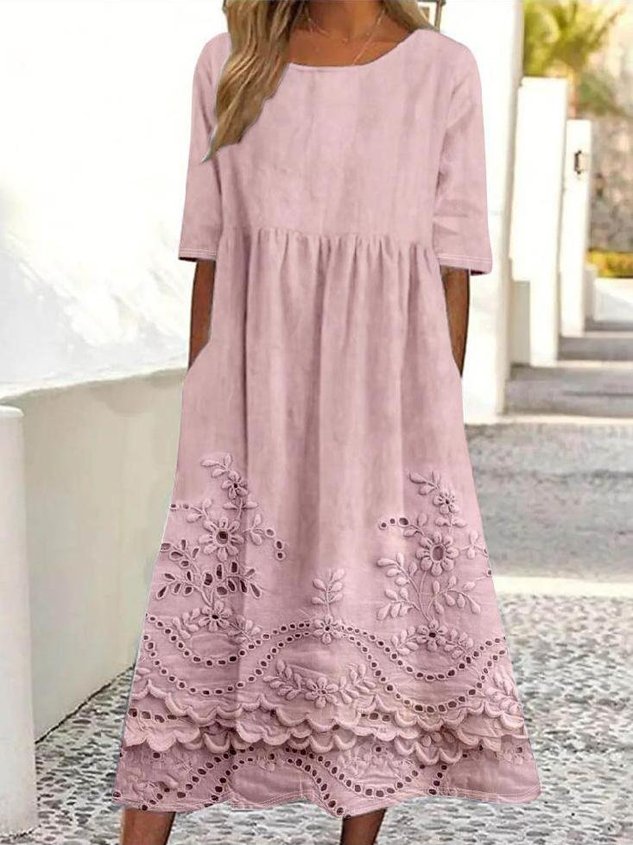 Women 3D Printing Crew Neck Half Sleeve Comfy Vintage Maxi Dress