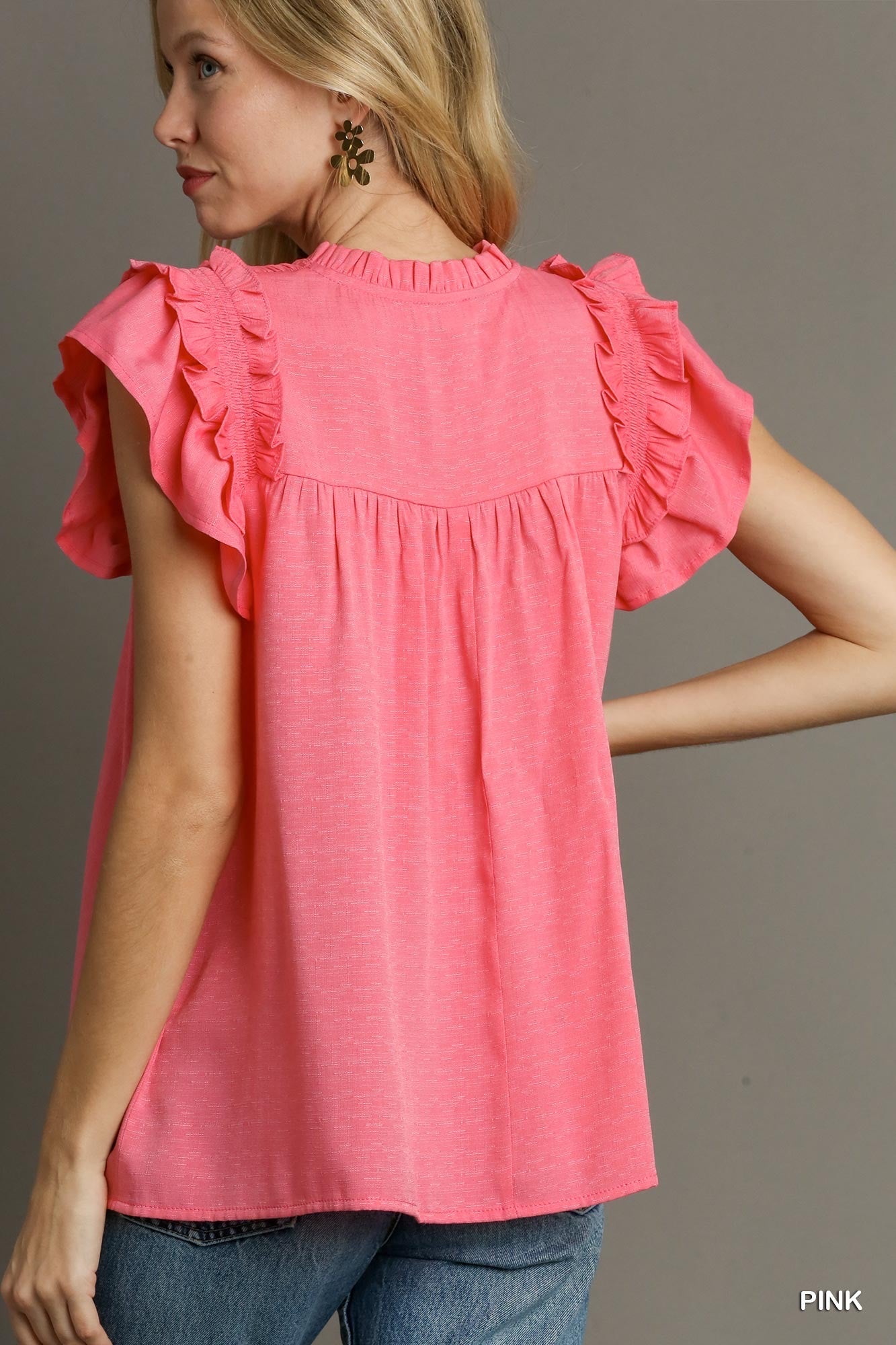 UMGEE Ruffle Sleeve Top Coral Pink