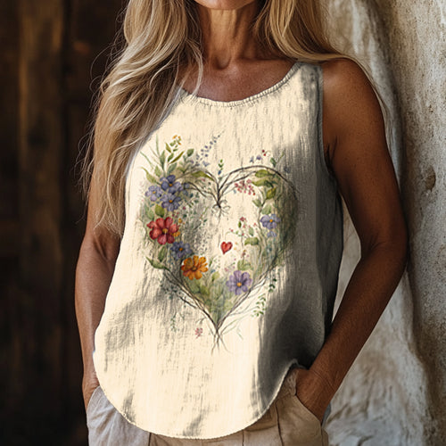 Women's Floral Heart Pattern Art Print Casual Cotton Linen Tank Top