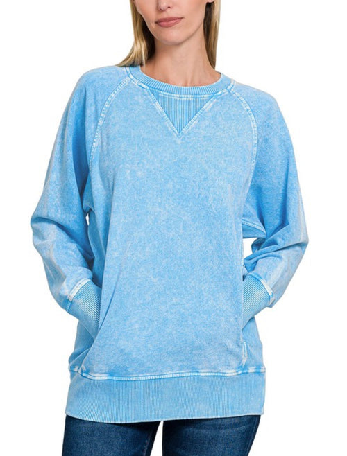 Acid Wash Pocket Sweatshirt Sky Blue
