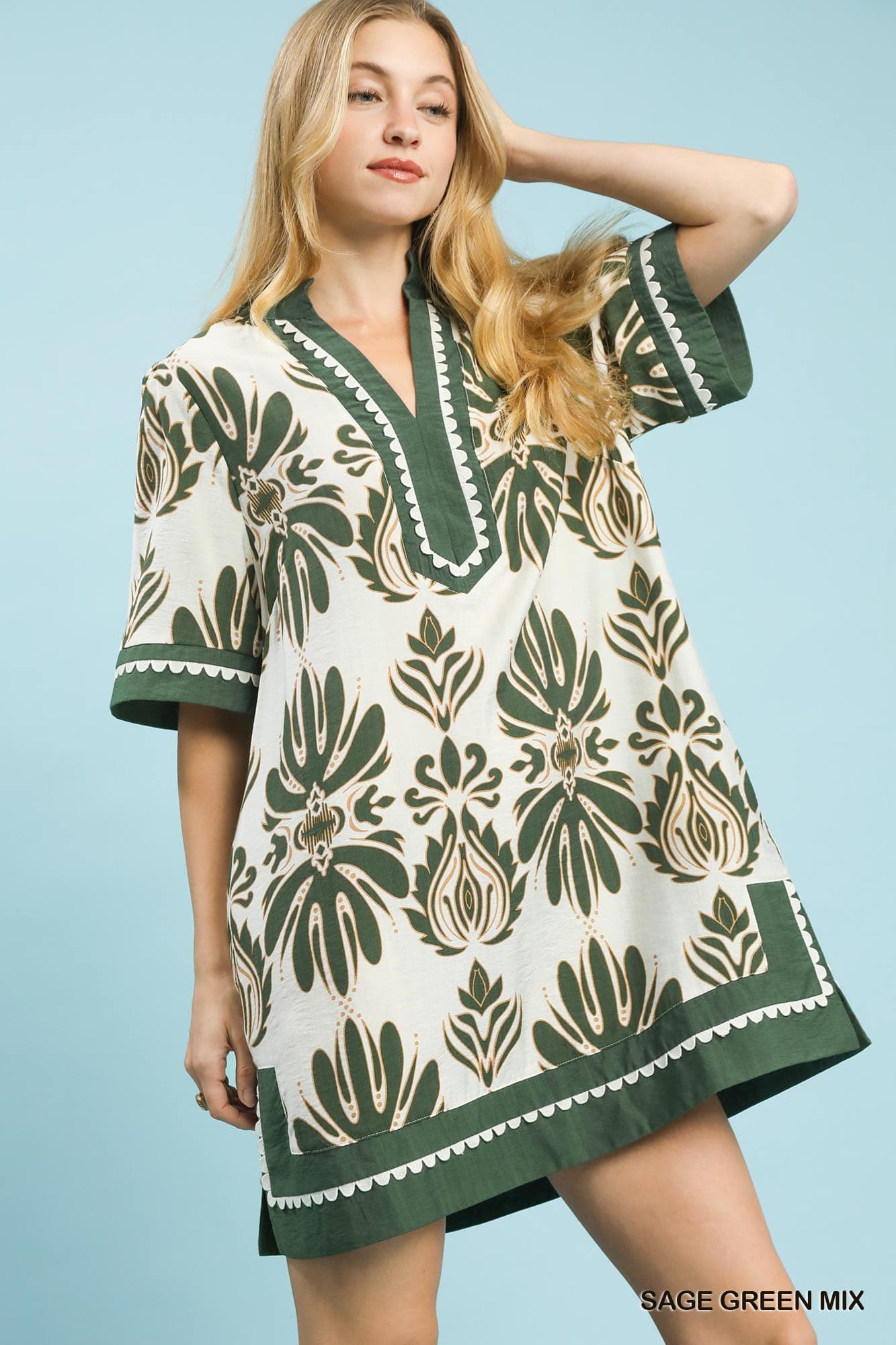 UMGEE Border Print Floral Dress Sage Mix
