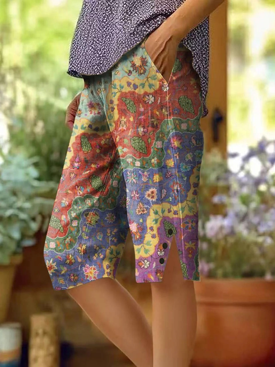 Women's Ethnic Wave Patchwork Art Print Cotton Jeans