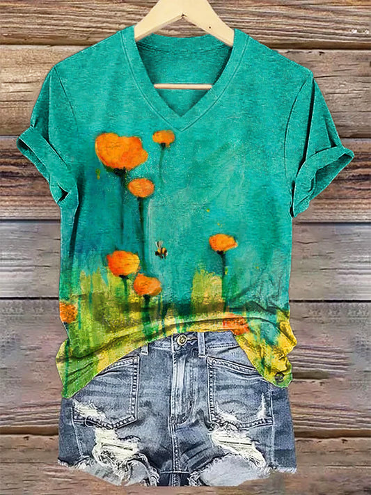 Women's Vintage Floral Art Print V-neck Casual T-Shirt