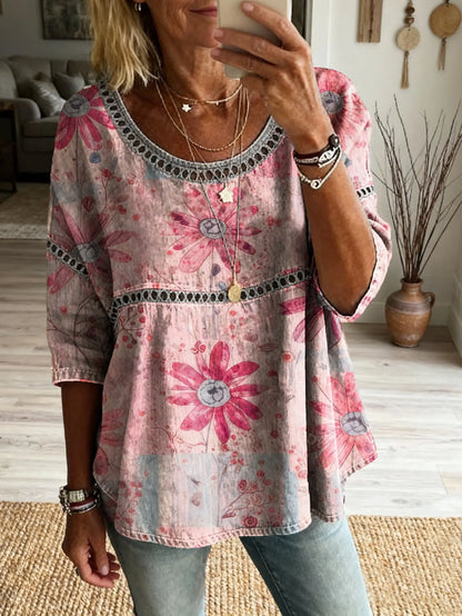 Women's Bohemian Vintage Floral Art Print Casual Round Neck Cutout Top