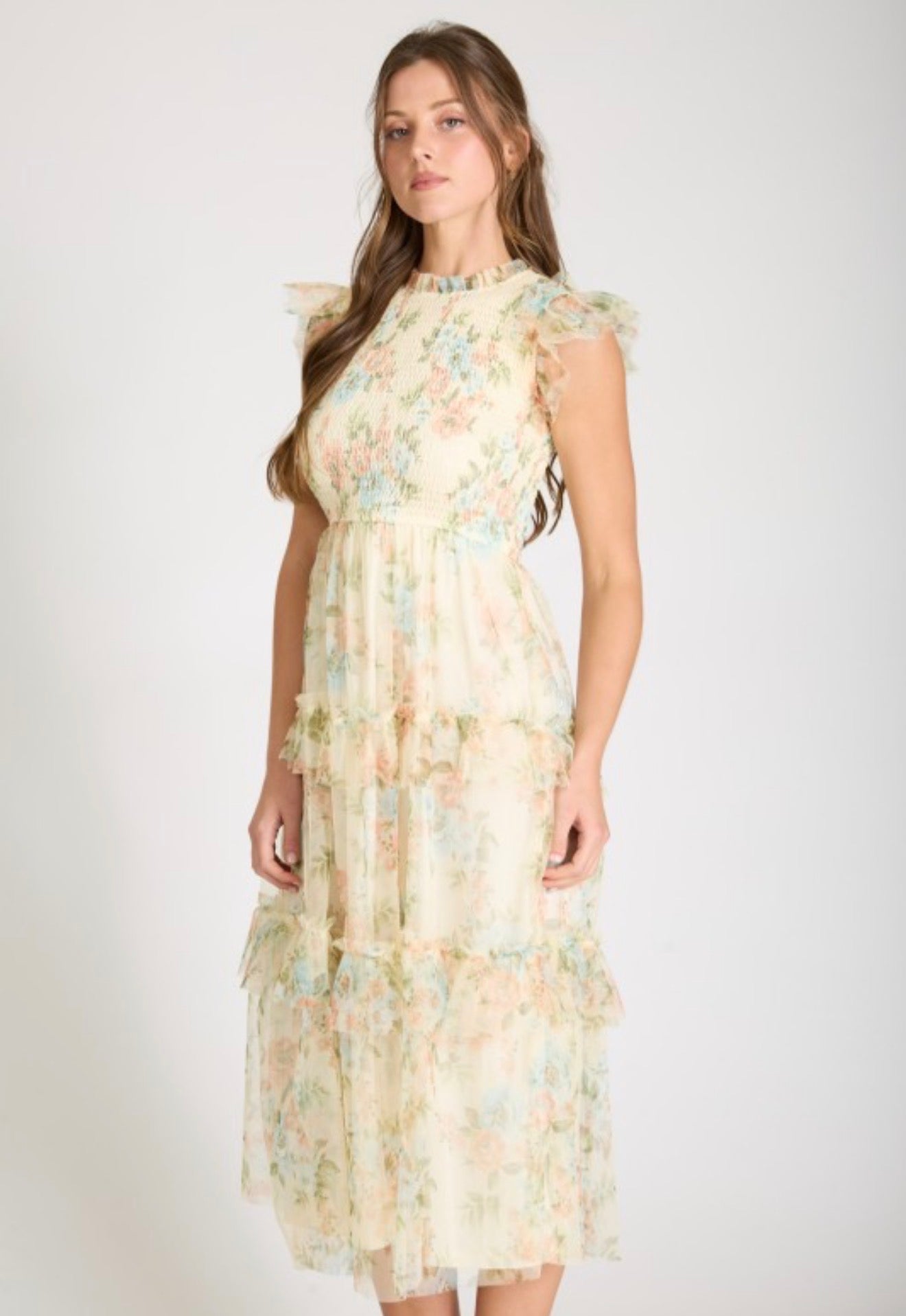 Pale Yellow Floral Ruffle Chiffon Dress
