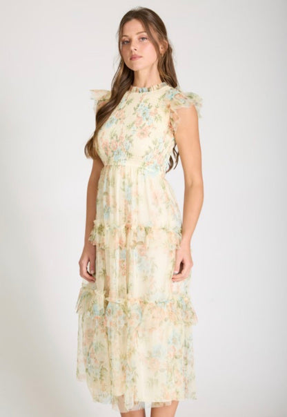 Pale Yellow Floral Ruffle Chiffon Dress