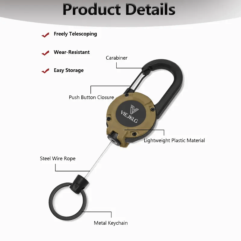 🔑Retractable Carabiner Keychain – 65cm steel lanyard, 100,000 pull cycles. Lightweight & sturdy.