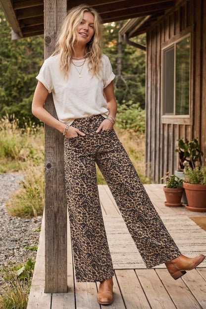 Leopard Twill Wide Leg Pant