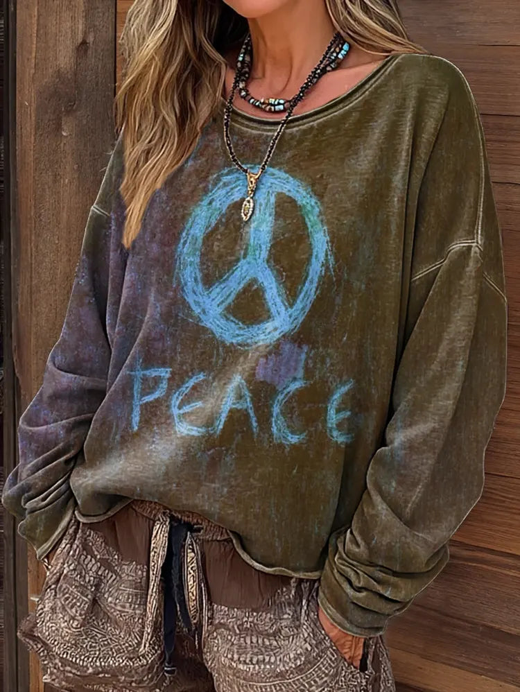 Women's Vintage Hippie Peace Art Print Casual Long-Sleeve T-Shirt