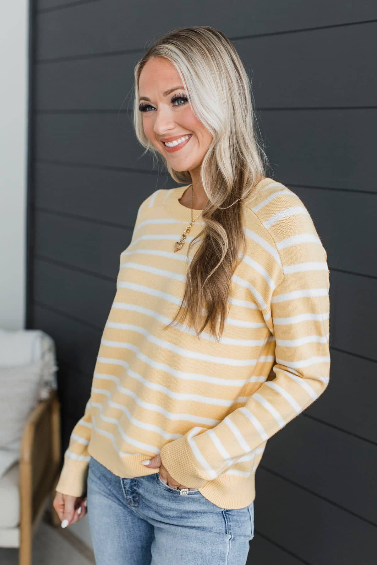 Stripe Crew Neck Sweater Top Yellow