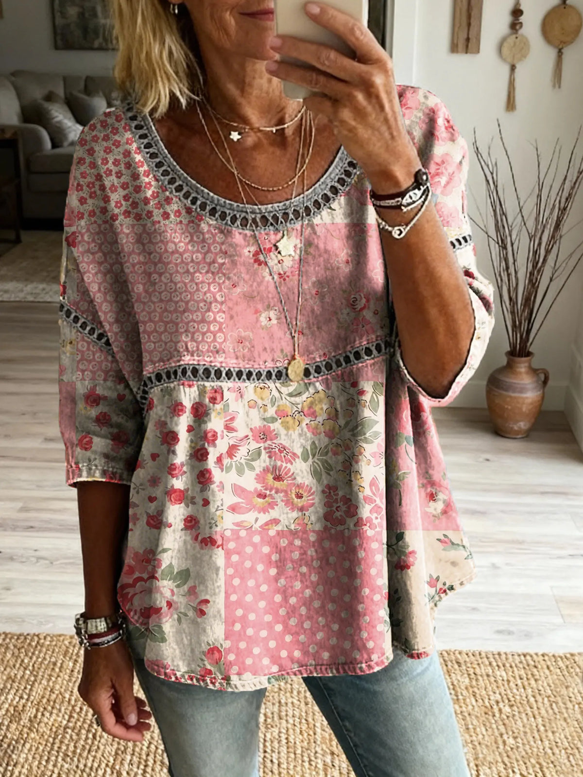 Women's Vintage Patchwork Floral Art Print Casual Round Neck Cutout Top