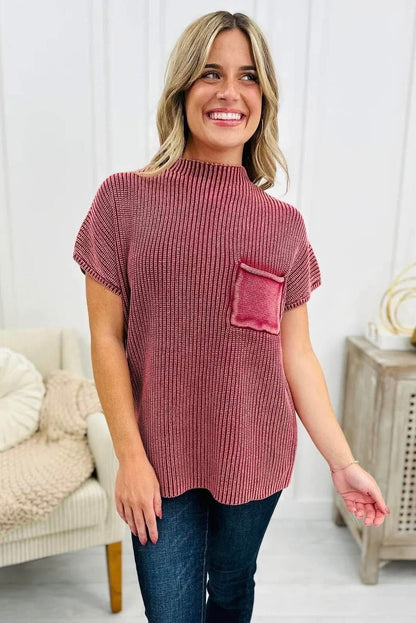 Washed Short Sleeve Sweater Cabernet Red