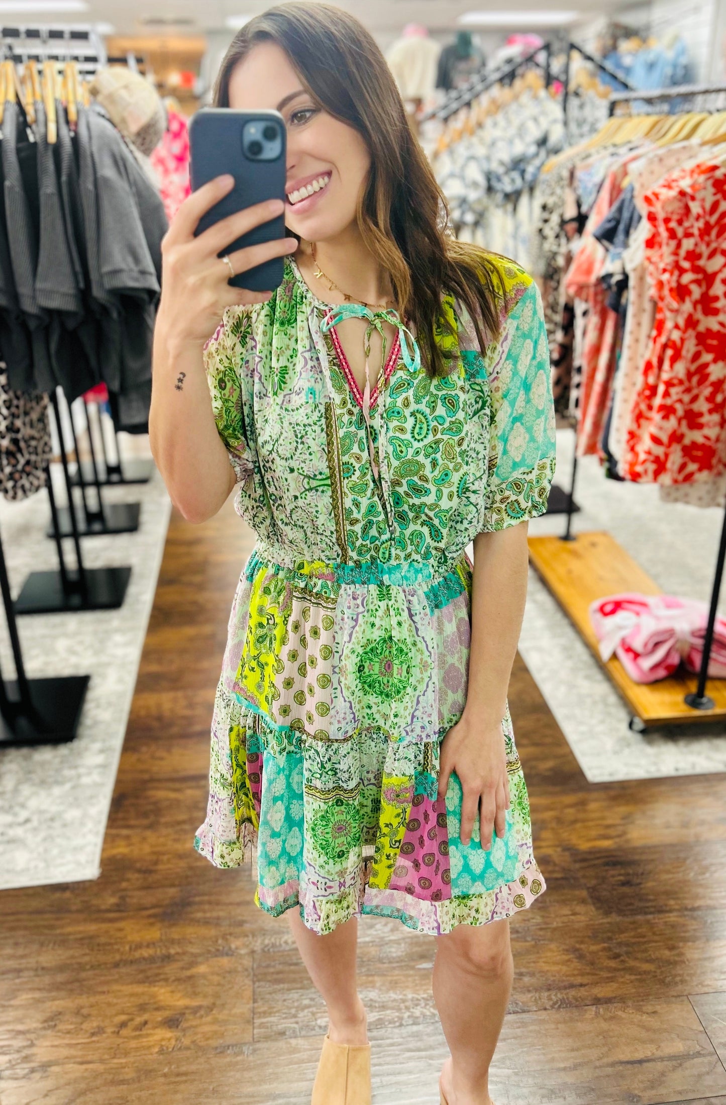 UMGEE Metallic Boho Multi Print Dress Green Mix