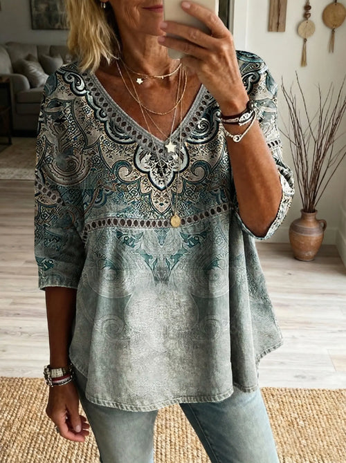 Women's Vintage Ethnic Pattern Art Print Casual V-neck Lace-up Top