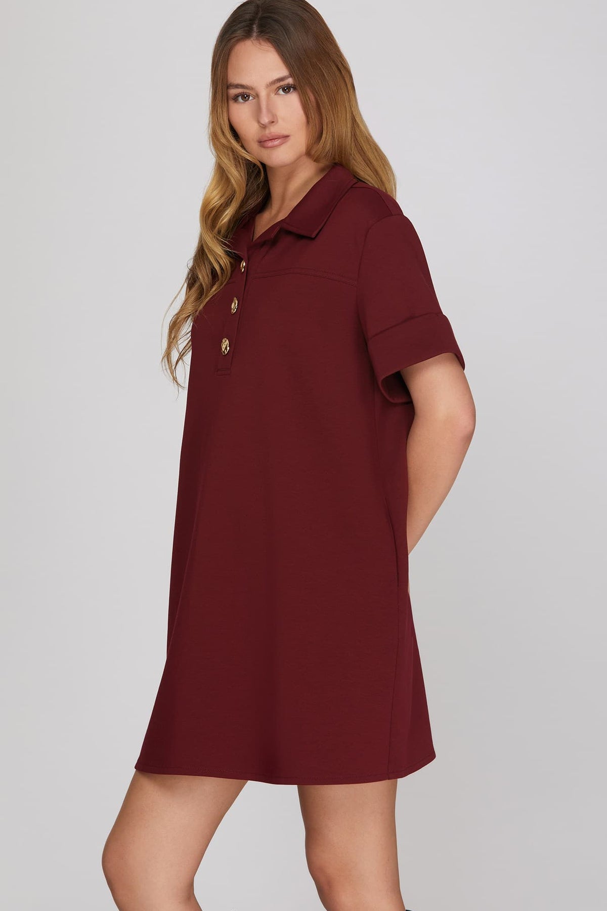 Wine Short Sleeve Shift Dress