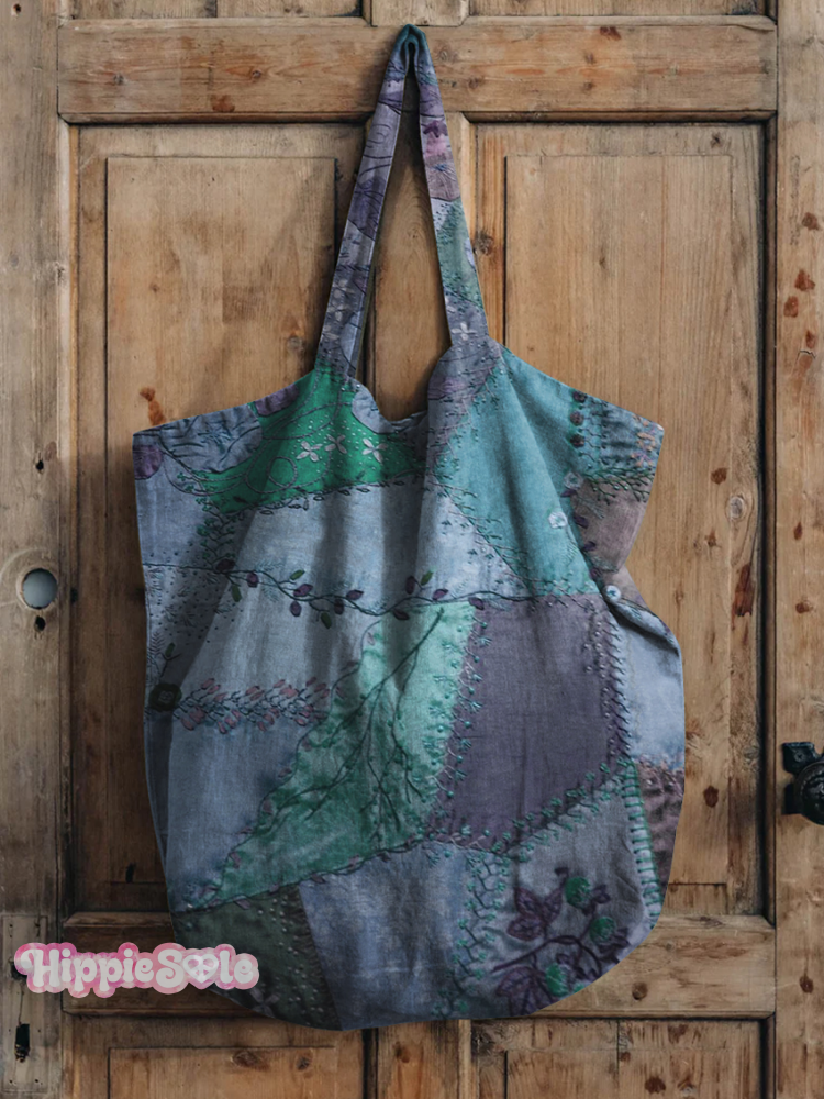 Vintage Patchwork Print Linen Tote Bag