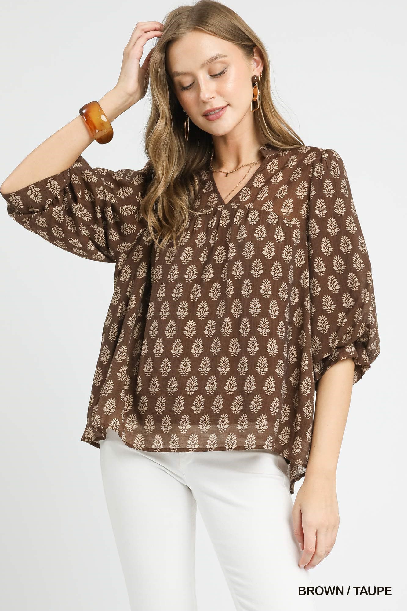 UMGEE Coffee & Cream Floral Top