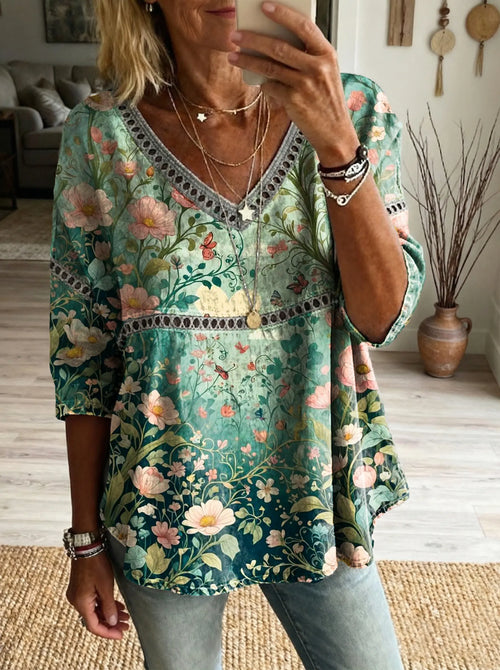 Women's Gradient Floral Art Print Casual V-neck Tie-front Top
