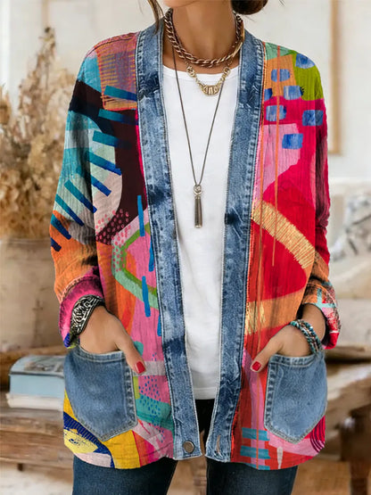 Ethnicity Colorful Geometry Abstract Women's Casual Long Sleeve Comfortable Denim Mix Cardigan