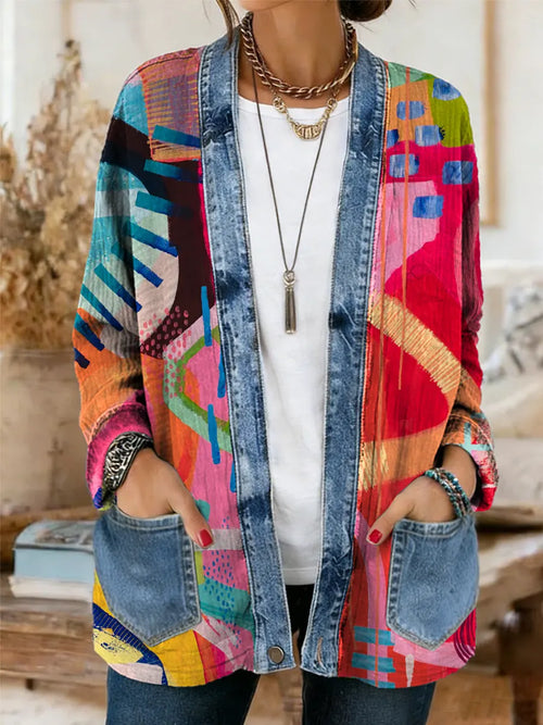 Ethnicity Colorful Geometry Abstract Women's Casual Long Sleeve Comfortable Denim Mix Cardigan