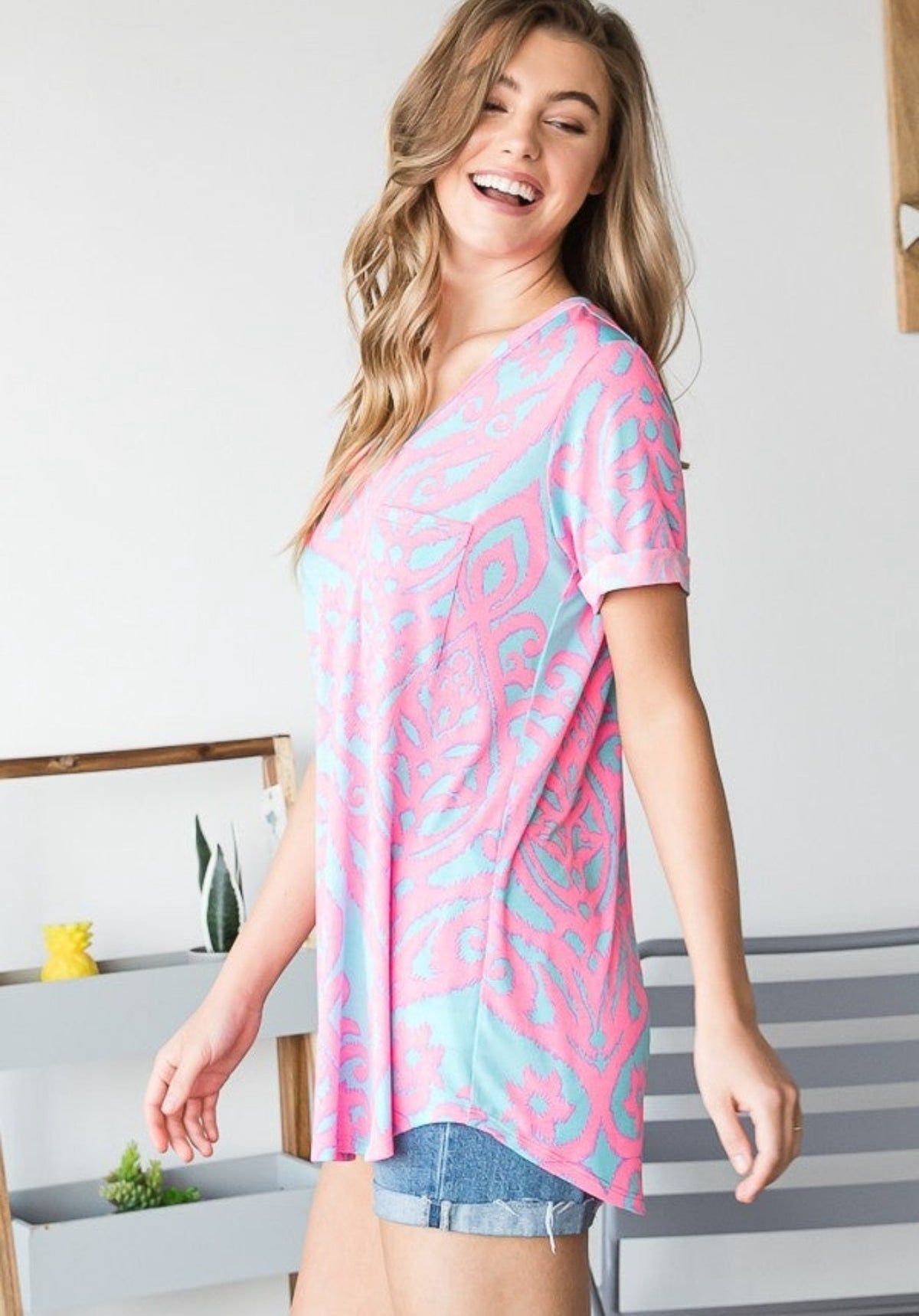 Aqua Pink Printed V Neck Top