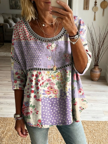 Women's Vintage Patchwork Floral Art Print Casual Round Neck Cutout Top