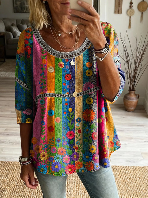 Women's Floral Pattern Art Print Casual Round Neck Lace-up Top