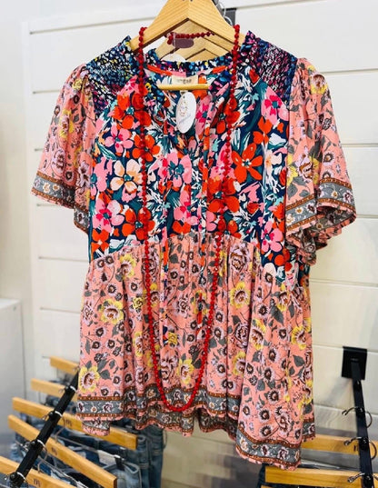 UMGEE Navy Mix Printed Smocked Shoulder Top