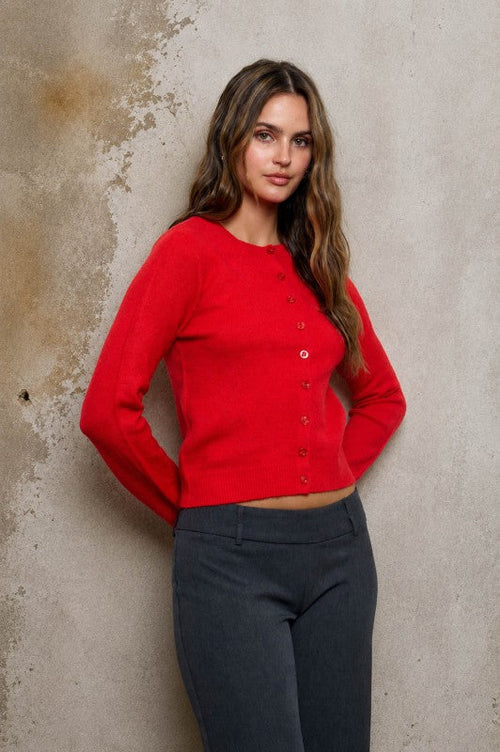 Classic Crew Neck Button Cardigan Red