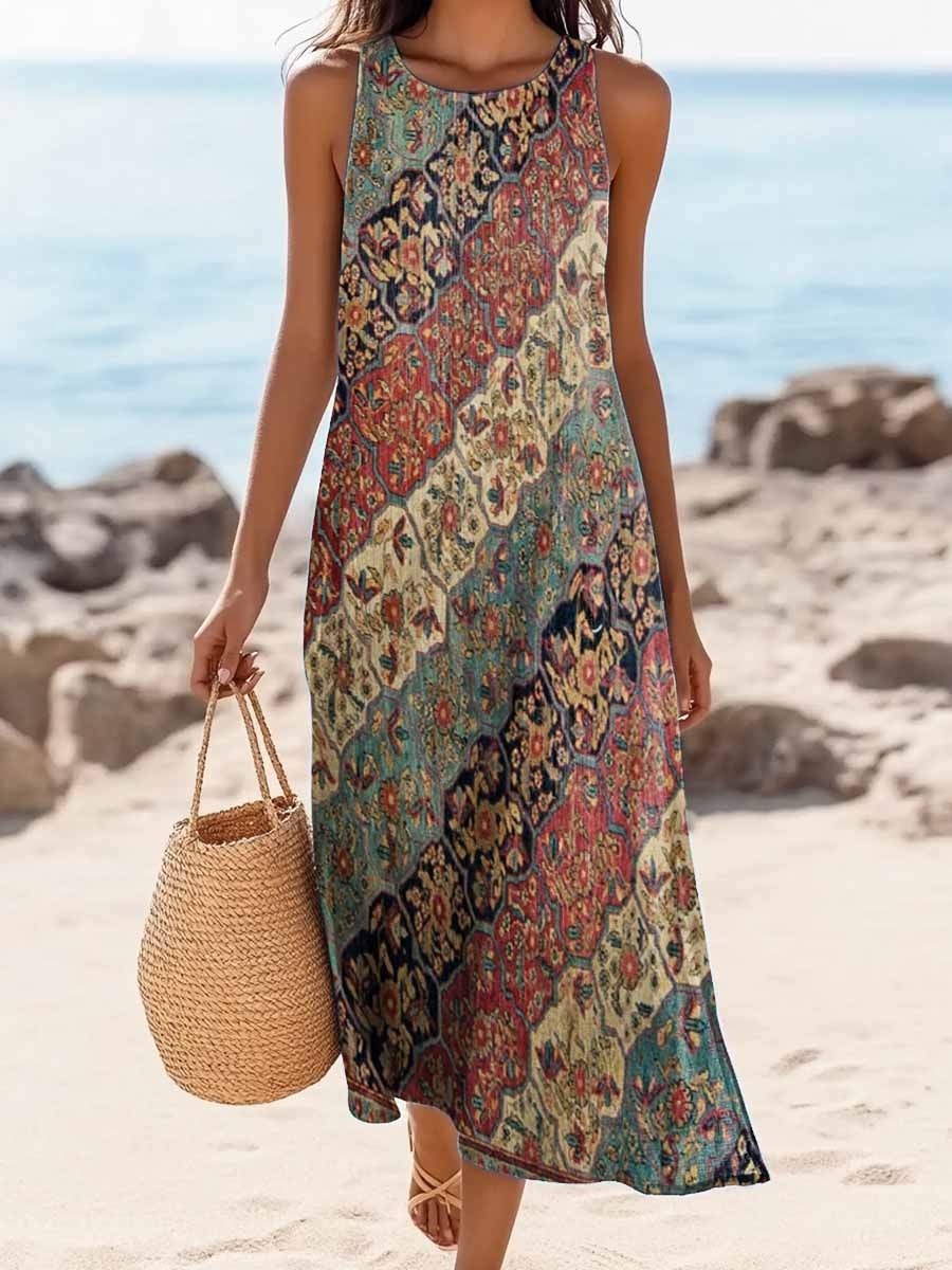 Women's Retro Ethnic Totem Collage Art Pattern Print Pocket Cotton Dress