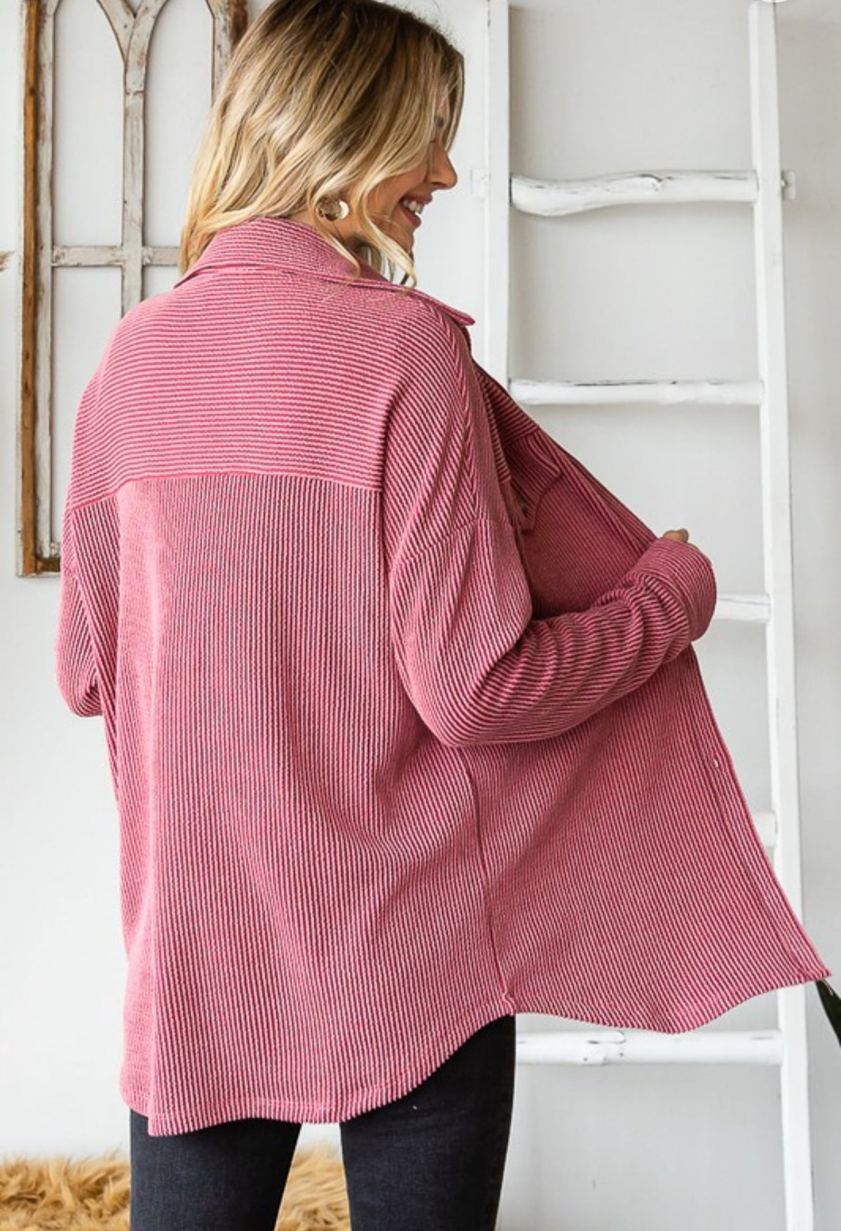 Textured Urban Ribbed Button Down Shacket Sangria