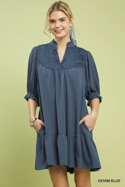 UMGEE Lace Detail Tiered Dress Denim Blue