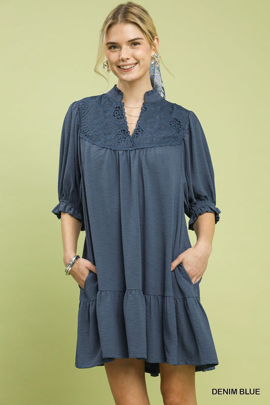 UMGEE Lace Detail Tiered Dress Denim Blue