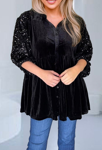 Black Velvet Sequin Sleeve Button Down Top