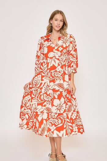 UMGEE Floral Print Midi Dress Coral