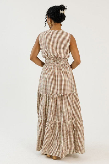 Mocha Gingham Checkered Maxi Dress