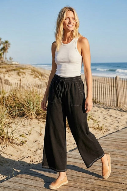 Knit Drawstring Wide Leg Pant Black