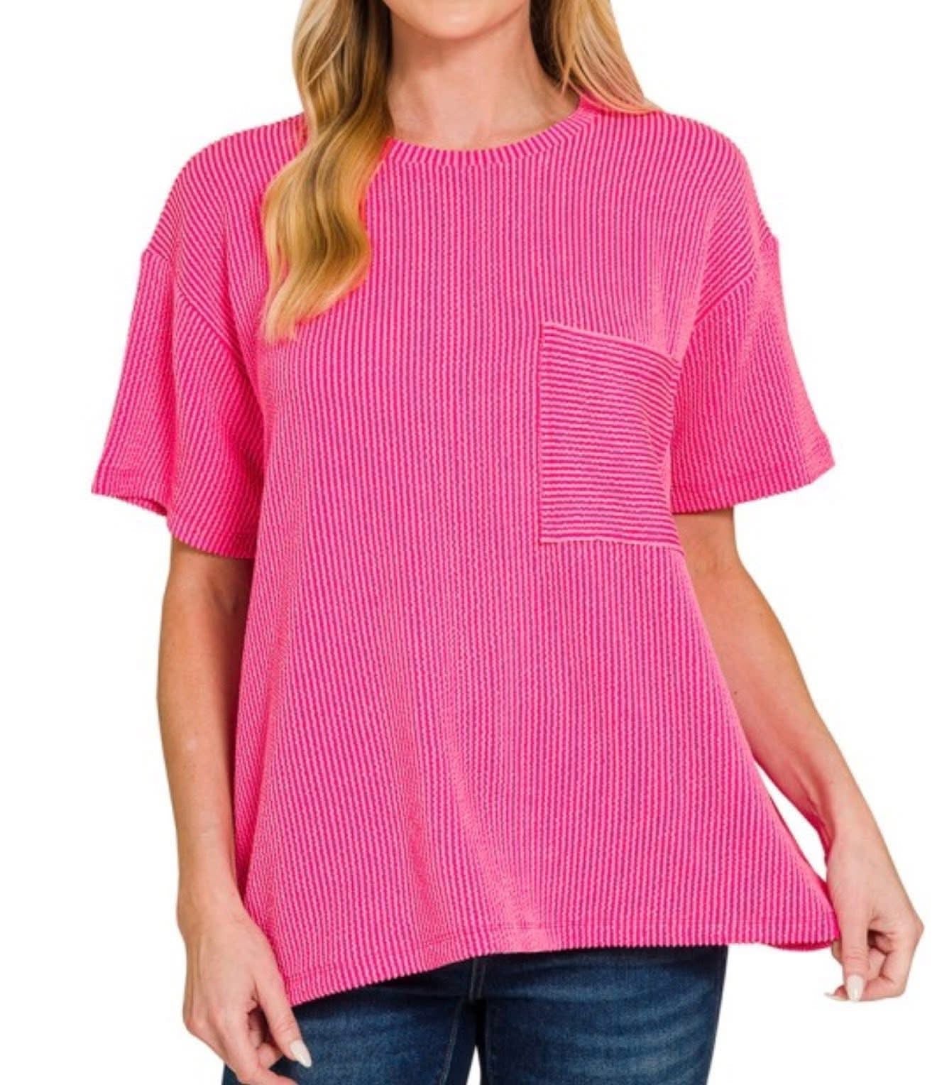 Corded Ribbed Knit Pocket Top Hot Pink
