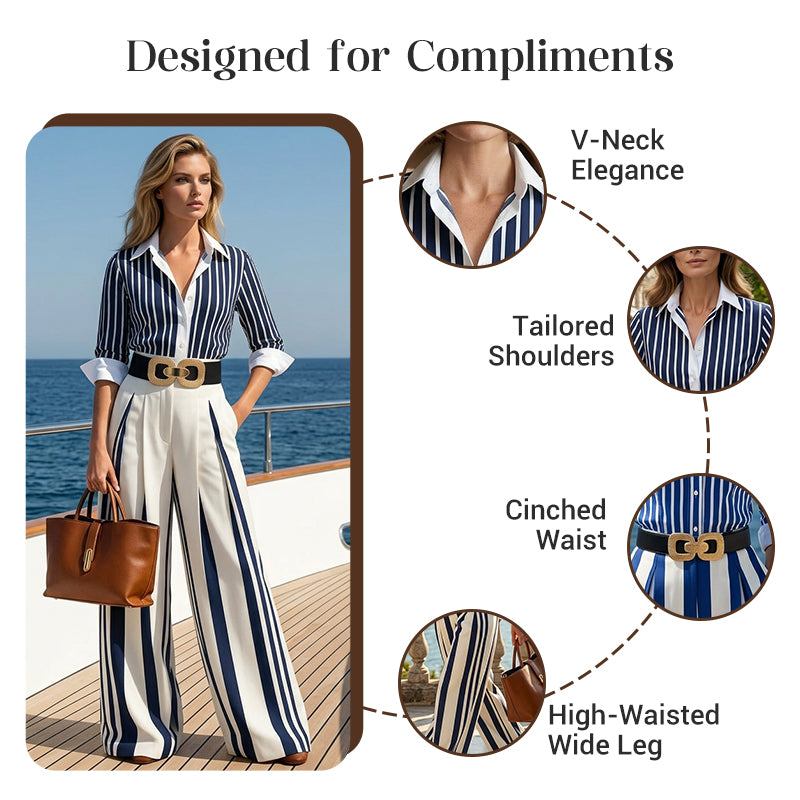📢📢50% OFF !! ⏰Women's Striped Shirt & Wide-Leg Pants 2-Piece Set
