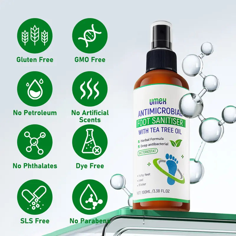 UMEX Tea Tree Foot Spray Kills Fungus & Odor Fast 97% Stink Elimination Repair Cracked Heels 100ml Quick-Dry Formula Clinically Tested Natural Antiseptic - Moisturizing Intensive Foot Care Foot Care Tool