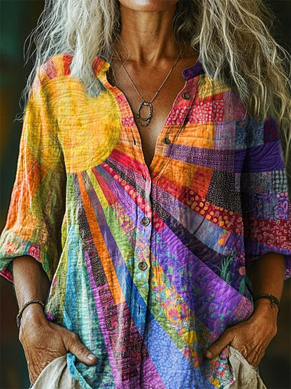 Women's Bohemian Multi-Color Patchwork Sun Pattern Art Print Pocket Cotton Dress