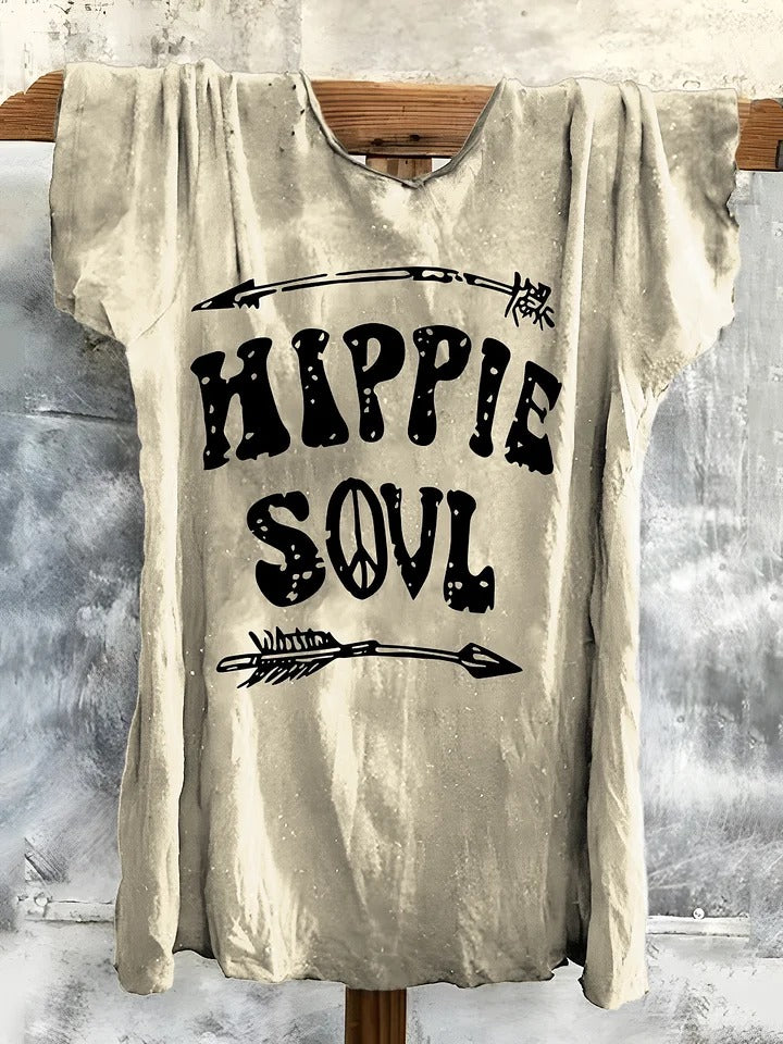 Letter Short Sleeve Crew Neck Boho Dress
