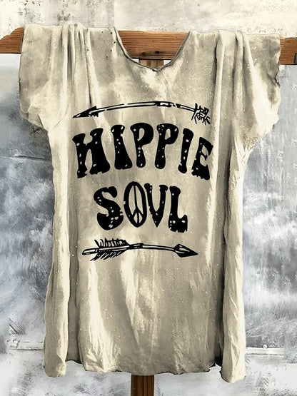 Letter Short Sleeve Crew Neck Boho Dress