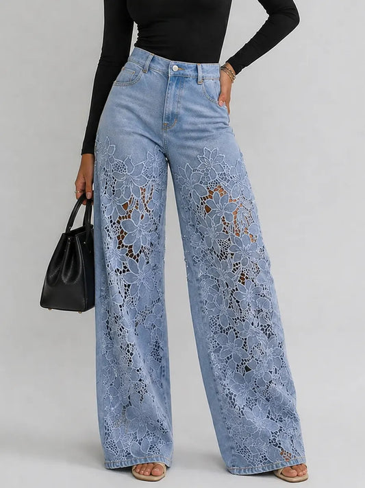 Kaliora - Floral Lace Wide Leg Jeans