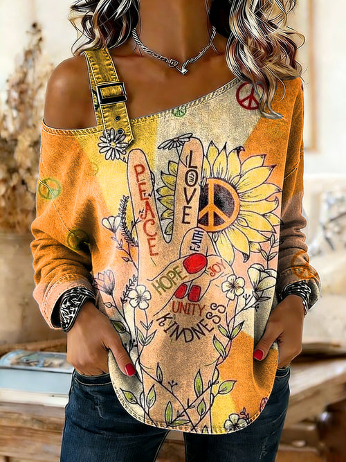 Women's Retro Woodstock Peace Art Print Casual Long-Sleeve Washed Cotton Denim Top