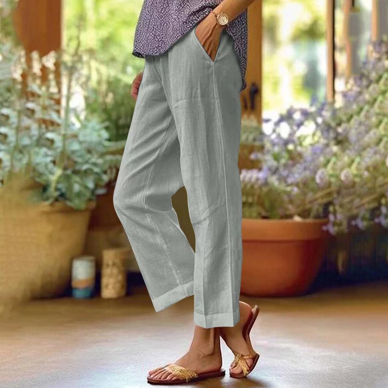 Loose Solid Color Elastic Waist Pocket Straight Cotton And Linen Casual Pants