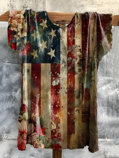 Women's Vintage Flag Floral Art Print V-neck Casual T-Shirt
