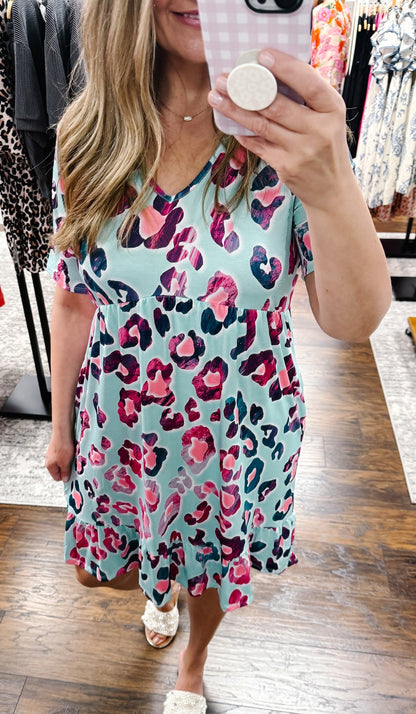 Mint Leopard Print Pocket Dress